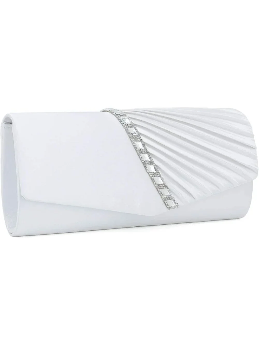 Women's White Crystal Embellished Pleated Satin Clutch Purse For Evening Bag